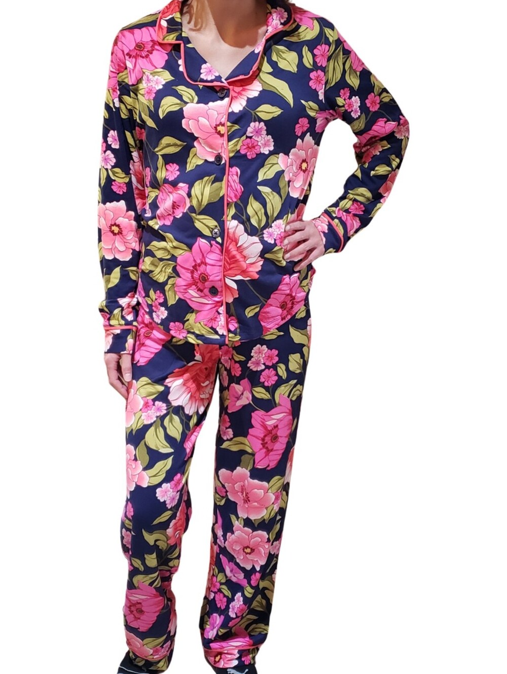 Room Service Pajama Set Women Notch Collar Blue (Floral) NWT